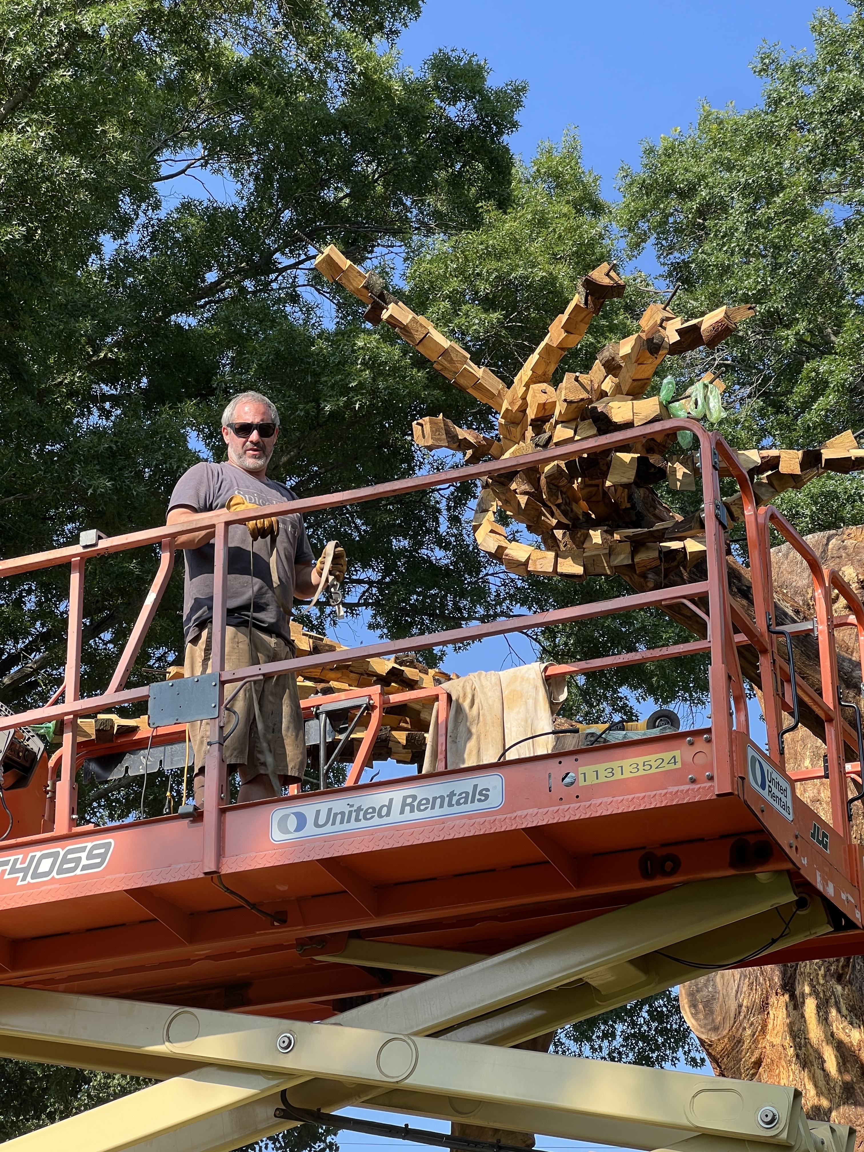 sculptor Anthony Heinz May in scissor lift next to tree
