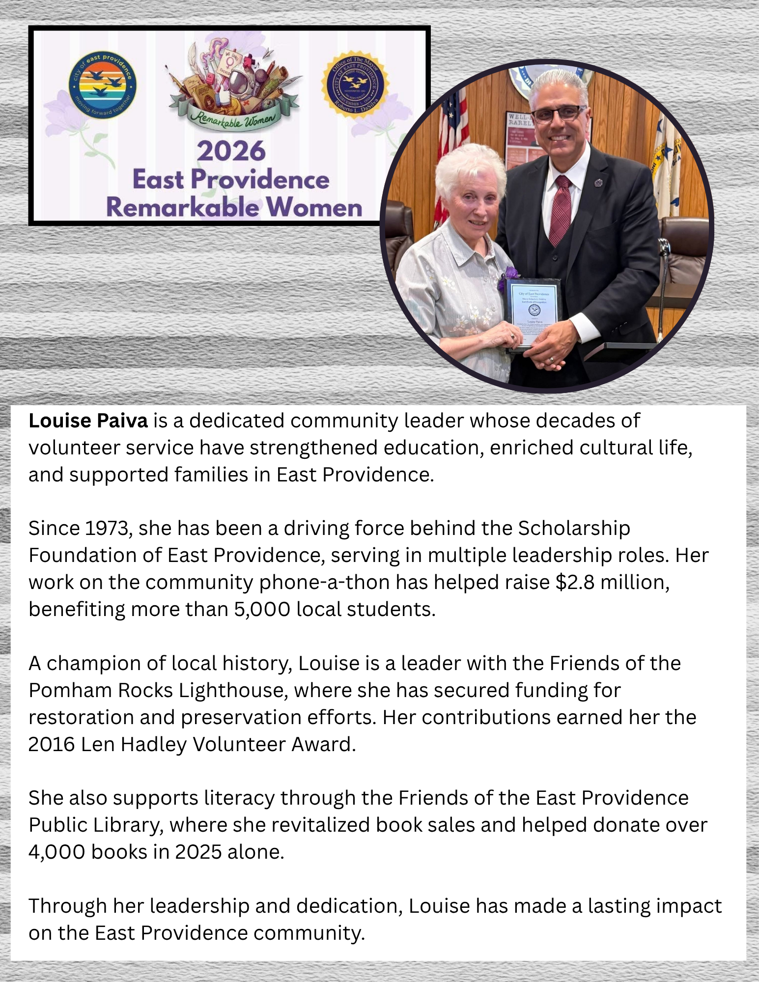 photo of Louise Paiva with her award and the Mayor