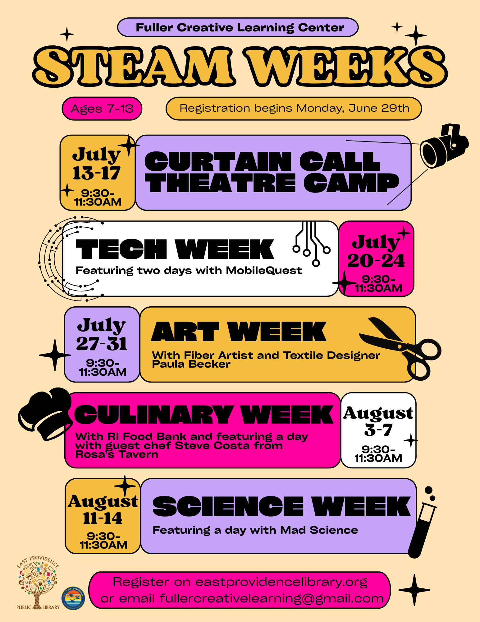Poster about STEAM weeks at Fuller linking to website where you can register