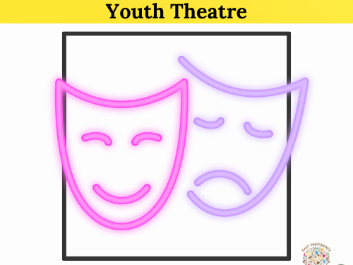 Curtain Call Youth Theatre Logo- Neon purple and pink drama masks.
